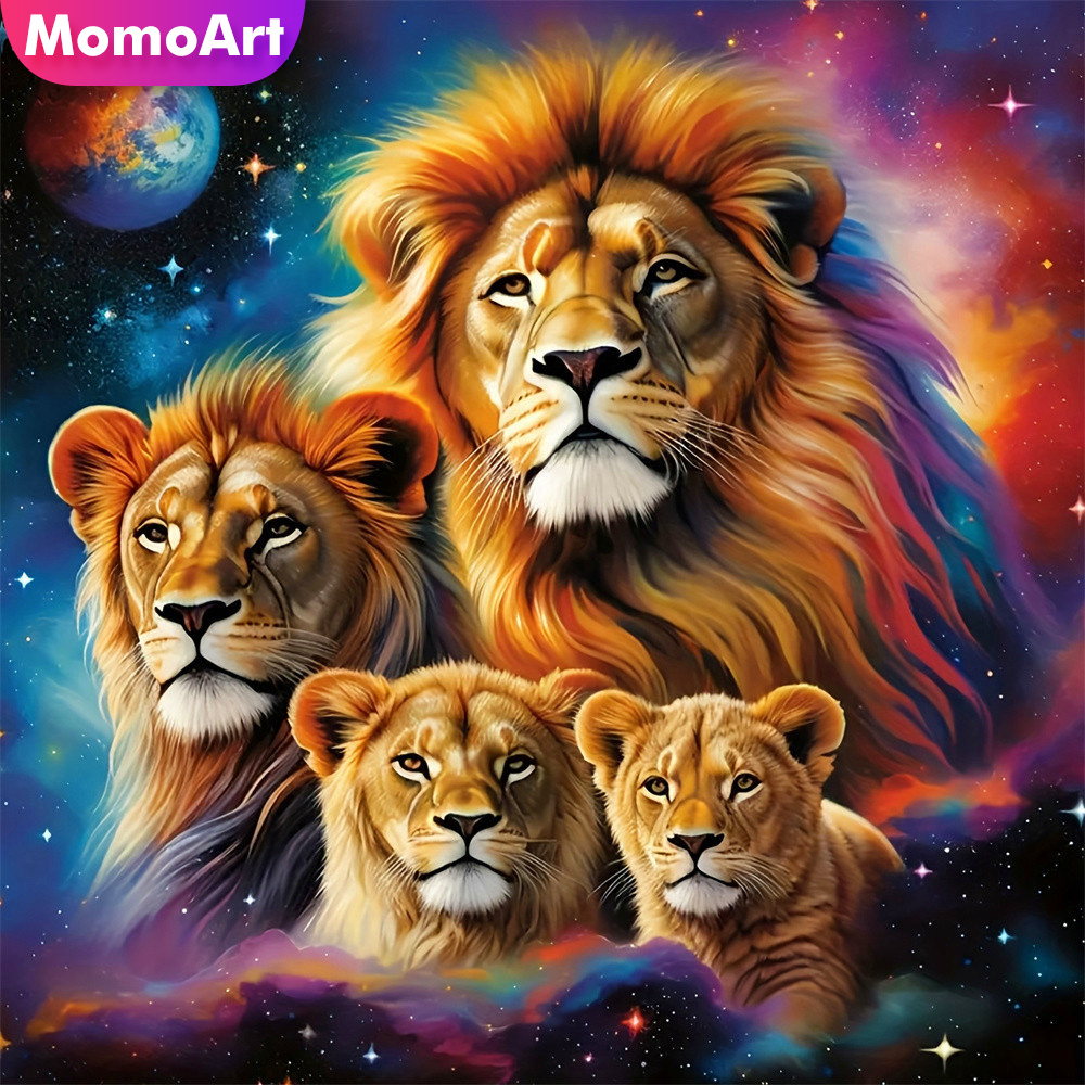 Art Craft Lion - โมโมอาร์ต ภาพวาดเพชร ลายสิงโต ภาพสัตว์ ประดับด้วยเพชร งานปักลายท้องฟ้าเต็มดาว