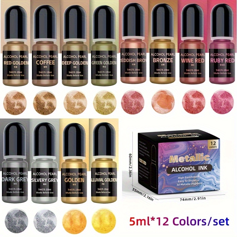 Alcohol Ink Set - 12สีโลหะ3DRenderingชุด(5มล.* 12สี/ชุด),หมึกแอลกอฮอล์Metallic Gradient Set,เหมาะสําหรับอีพอกซีเรซินและเรซิน3DRendered