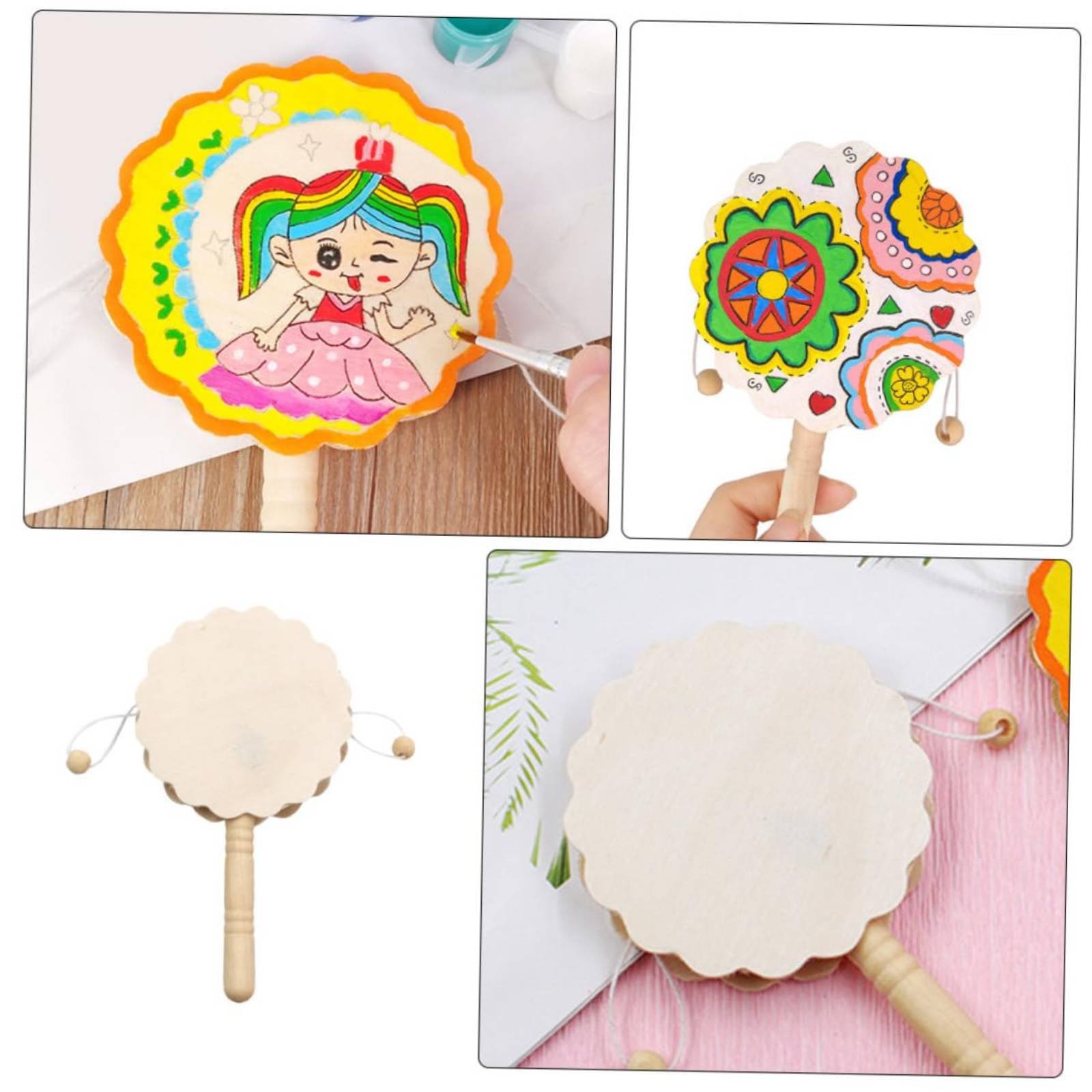 Art Craft Workshop - กลองไม้ DIY แบบมีด้ามจับเรียบ กลองไม้แบบยังไม่เคลือบผิว อุปกรณ์งานฝีมือสำหรับเด็กเล็ก สำหรับเด็กวัยหัดเดิน