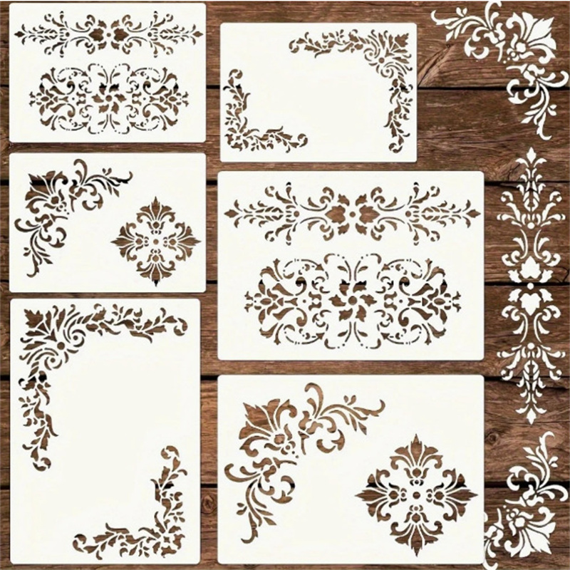 Art Craft Template - ลายฉลุลายดอกไม้ 6 ชิ้น สำหรับงานเพ้นท์ ลายฉลุลายดามัสก์แบบวินเทจ สำหรับงาน