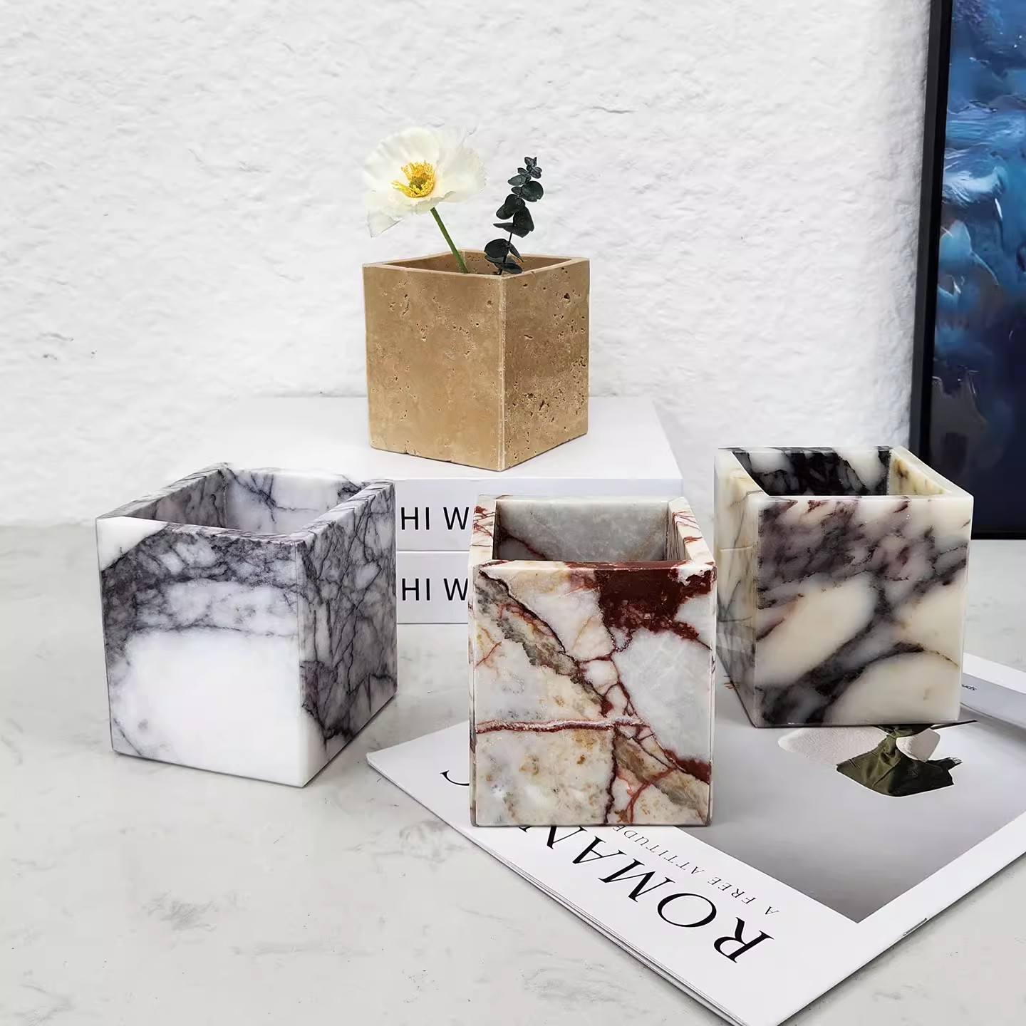 Art Craft Vase - แจกันดอกไม้หินอ่อนธรรมชาติสำหรับตกแต่งห้องนั่งเล่น ของตกแต่งบ้านขนาดเล็ก ของตกแต่งสำนักงาน ห้องทำงาน กล่องใส่ปากกา กล่องใส่ของ